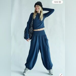 Free People Up In the Air set  harem style pants fitted top Navy Blue